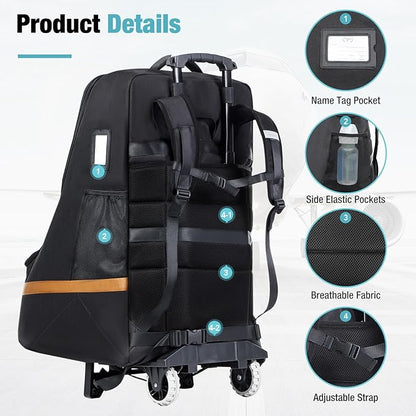 Padded Car Seat Travel Bag for Airplane with Wheels, Heavy Duty Carseat Bags for Air Travel, Rolling Gate Check Backpack and Dolly Carrier, Storage for Baby Essentials, Black