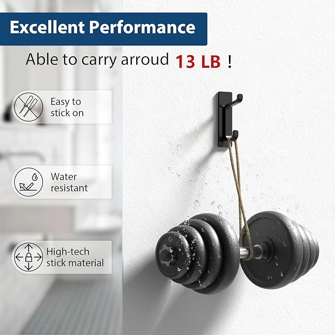 Wall Hooks for Coat and Towel: 13LB Adhesive Door Hanger Stick on, Black 6 Pack