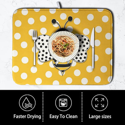 Bee Dish Drying Mat for Kitchen Counter 16x18 Inch Yellow Honey Bees Polka Dots - Image 4
