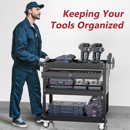3 Tier Rolling Tool Cart on Wheels, Heavy Duty Service Cart Industrial Utility - Image 4