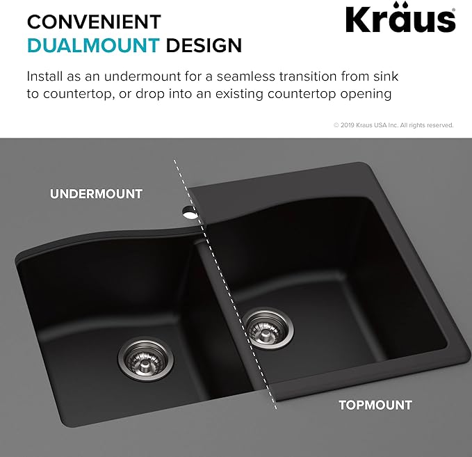 KRAUS Forteza 33-inch Drop in/Undermount 50/50 Double Bowl Granite Kitchen Sink in Black, KGD-52BLACK