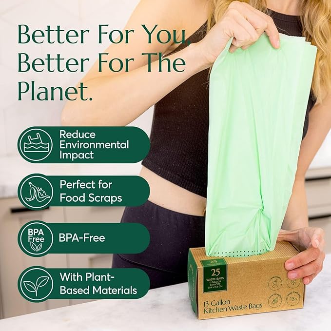 Cleanomic Compostable* 13 Gallon Trash Bags with Drawstring (2 Pack, 50 Count), BPI Certified For Kitchen Compost