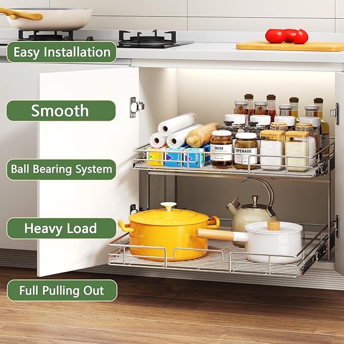 2 Tier Individual Pull Out Cabinet Organizer 30" W x 21½" D, Heavy Duty Cabinet Pull Out Shelves, Slide Out Drawers Organization for Kitchen Cabinets Bathroom