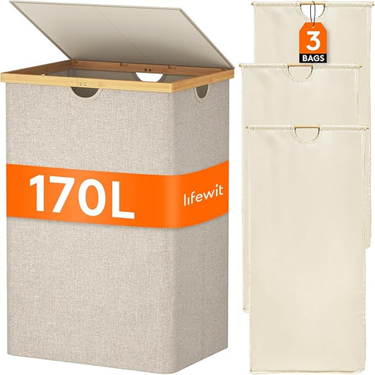 Lifewit 170L Triple Laundry Hamper with Lid, Extra Large Bamboo Laundry Basket Dirty Clothes Hamper,3 Section Laundry Bin Organizer for Laundry Room Bedroom with 3 Removable Liners & Bags, Beige