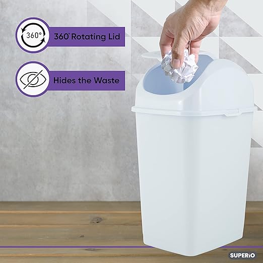 Superio Small Plastic Trash Can with Swing Top Lid, Compact Slim Waste Bin for Under Desk, Office, Bedroom, Bathroom, Dorm Room, 10 Qt. Portable Garbage Can 2.5 Gallon (White, 2 Pack)