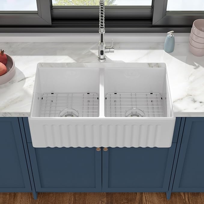 Dcolora Double Bowl Farmhouse Kitchen Sink Reversible Front Apron White Fireclay Ceramic Sinks Undermount Barn Sink 33"W×18"D×10"H,DC-A8871