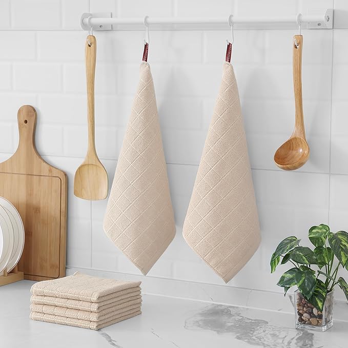 Homaxy 100% Cotton Terry Kitchen Dish Cloths, Ultra Soft and Absorbent Dish Towels for Kitchen, Suitable for Drying and Washing Dishes, 6 Pack, 12 x 12 Inches, Beige