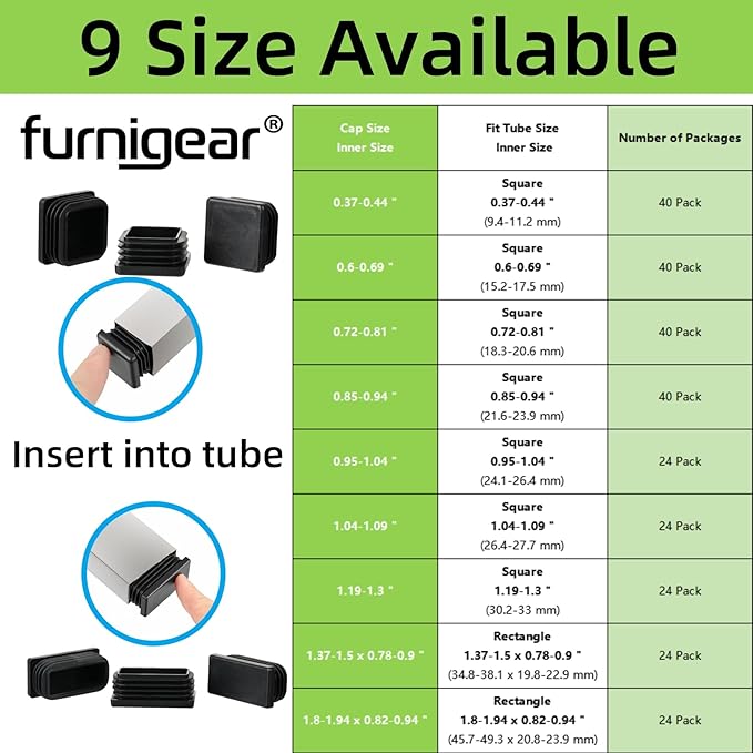 Furnigear Plastic Plugs Tubing End Cap Chair End Caps Outside Bottom Tubing Caps Square Furniture Sliders Glides Black (40, Fit 0.35-0.44" Square Tube Inner Size)