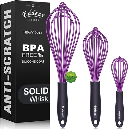 Silicone Whisk, Eddeas Whisk Non-Scratch Coated Whisks set of 3-Heat Resistant by Eddeas