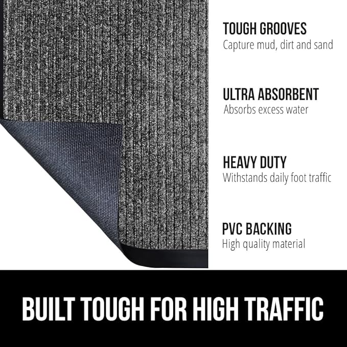 GORILLA GRIP Traffic Guard Door Mat, 72x48, Heavy Duty Welcome Mats, Commercial Office Space Doormat, Waterproof, Fade Resistant, Strong Rubber Backing, Low Profile, Shoe and Boot Scraper, Light Gray