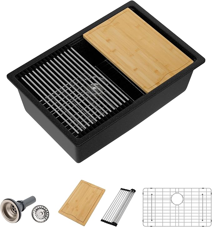 Dcolora 28 Inch Matte Black Undermount Kitchen Sink Single Bowl Modern Sink Workstation Granite Composite,#DC-GU0004BS