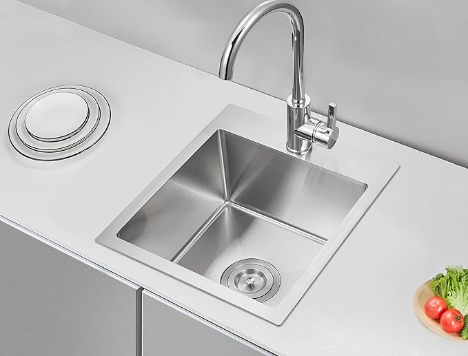 POPFLY 15 Inch Wet Bar Drop In Sink, SUS 304 Stainless Steel Topmount Sinks Handmade Single Bowl 18 Gauge Kitchen Small Outdoor Rv Sink, Brushed Nickel (15×17×8)