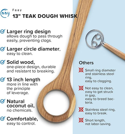 FAAY 13" Dough Whisk, 100% Healthy Teak Kitchen Utensils - Image 6