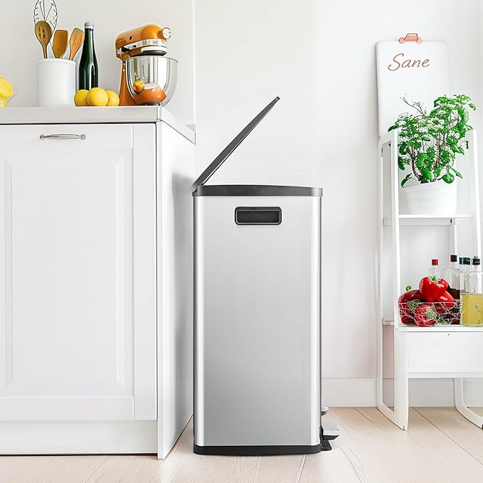 DUMOS Kitchen Trash Can, 2×8-Gallon Garbage Can with Lid, Stainless Steel Trash Bin with 2 Removable Inner Buckets, Soft-Close Foot Pedal, Fingerprint-Resistant for Kitchen Home Office