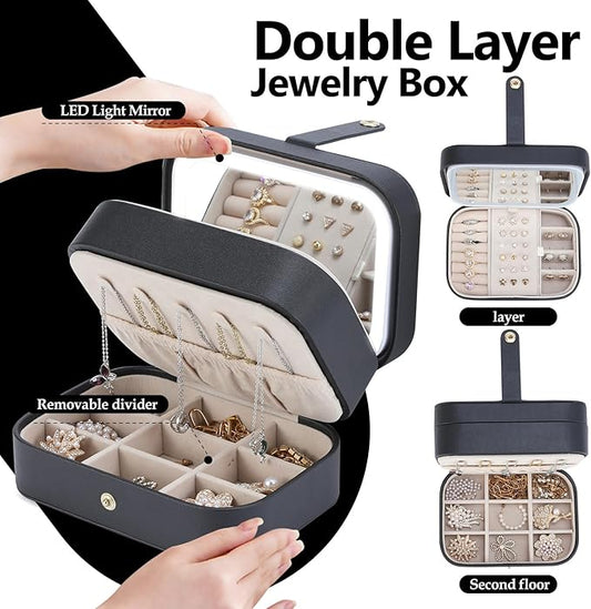 Travel Jewelry Case with LED Lighted Mirror, Portable Travel Jewelry Organizer, 2-Layer Jewelry Box for Earrings Necklace Bracelet Rings, Birthday Gifts for Women Girls Kids (Black)