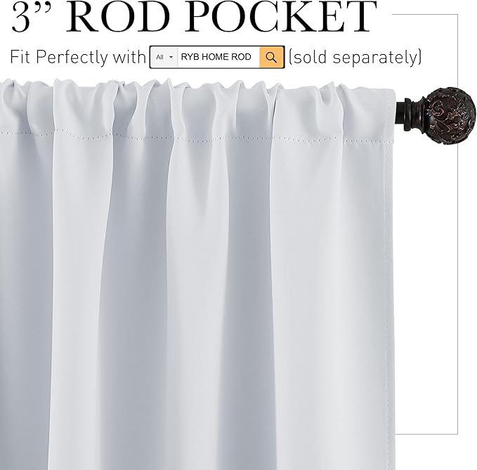 RYB HOME Short Curtains 2 Panels Set, Room Darkening Drapes Cafe Curtains Small Window Treatment for Bathroom Basement Studio Bunk Bed, Width 42 x Length 30 inches, Greyish White