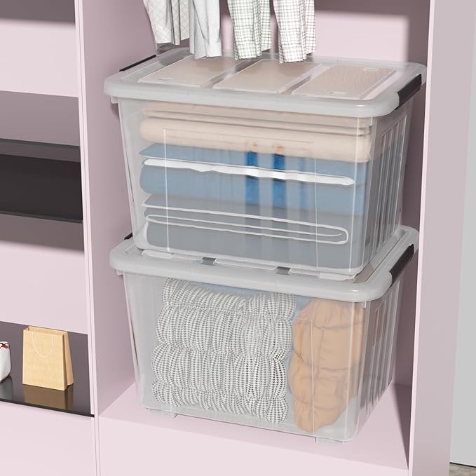 70 Quart Large Clear Storage Bins, Plastic Storage Box with Lids and Wheels, 4 Packs