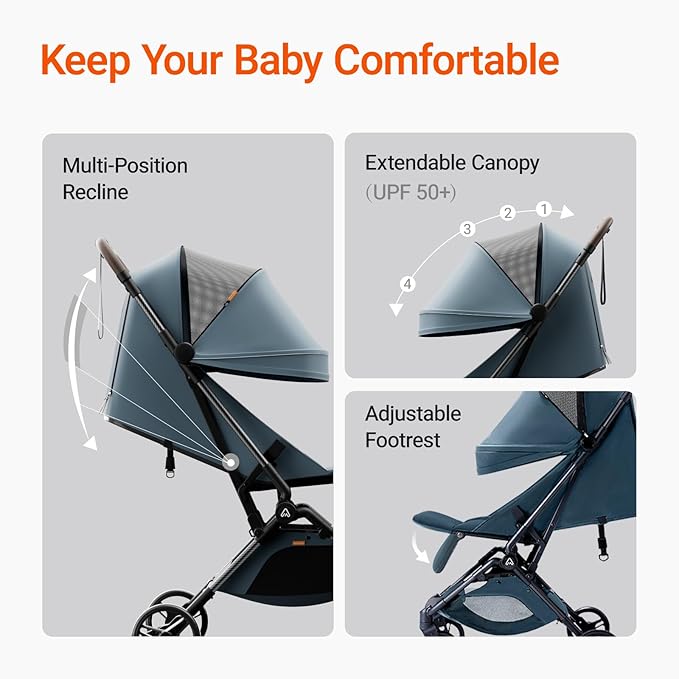 Lightweight Baby Travel Stroller with Carbon Fiber Frame, Compact & Airplane-Friendly, One-Handed Folding Design, 11.6 lbs, Perfect for Toddlers, Blue