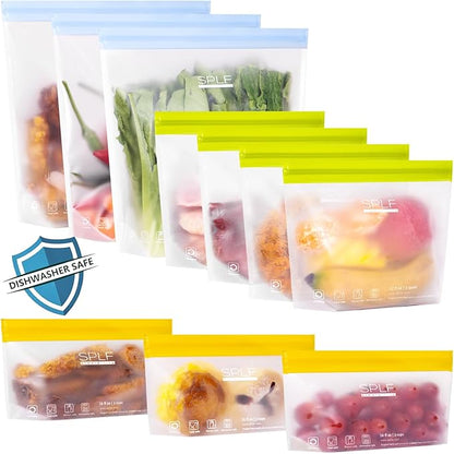 SPLF 10 Pack Stand-Up Reusable Food Storage Bags Dishwasher Safe, BPA Free Reusable Freezer Bags, Extra Thick Silicone for Meal Prep, Sandwich, Bread, Veggies - 3 Gallon 4 Quart 3 Snack
