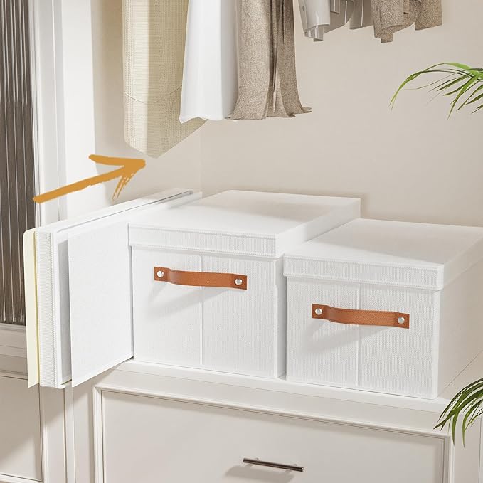 Fabric Storage Bins, 7.1 x 9.1 x 13 Inch Clothes Boxes for Shelves with Lids, Baskets for Organizing with Handles, Decorative Linen Closet Organizers, White, 3 Pack