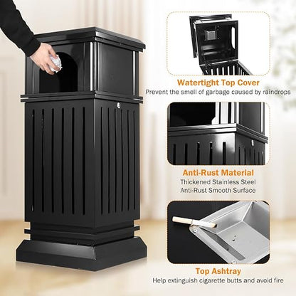 BEAMNOVA Trash Can Outdoor Top Tray Black Stainless Steel Commercial Garbage - Image 4