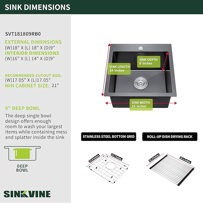 18-Inch Black Bar Sink Drop-In, SINKVINE PVD Nano Stainless Steel Kitchen Sink for Laundry, Outdoor, RV, Top Mount Deep Single Bowl Sink w/Drain Strainer, Bottom Grid, Roll-up Drying Unit, Dark Gray