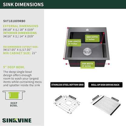 18-Inch Black Bar Sink Drop-In, SINKVINE PVD Nano Stainless Steel Kitchen Sink for Laundry, Outdoor, RV, Top Mount Deep Single Bowl Sink w/Drain Strainer, Bottom Grid, Roll-up Drying Unit, Dark Gray