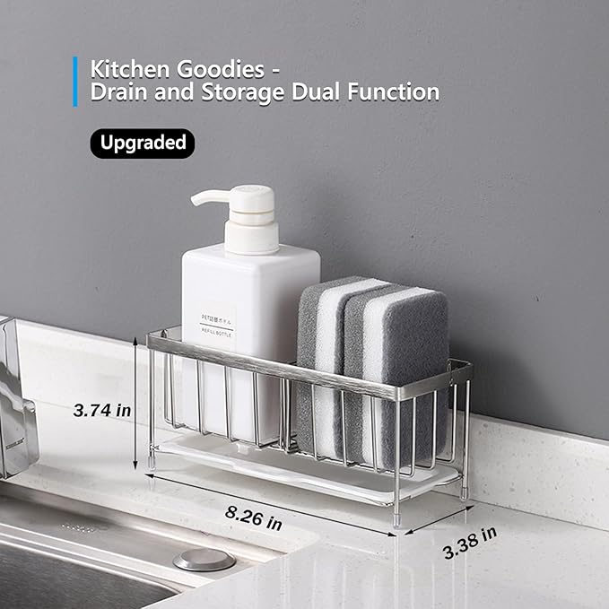 Kavciva Sink Caddy Sponge Holder,304 Stainless Steel Dish Brush Holder,Kitchen Countertop Sink Rack,Dish Soap Holder,Dishwashing Tool Drying Tray with Adjustable Partitions,Essential Kitchen Shelves