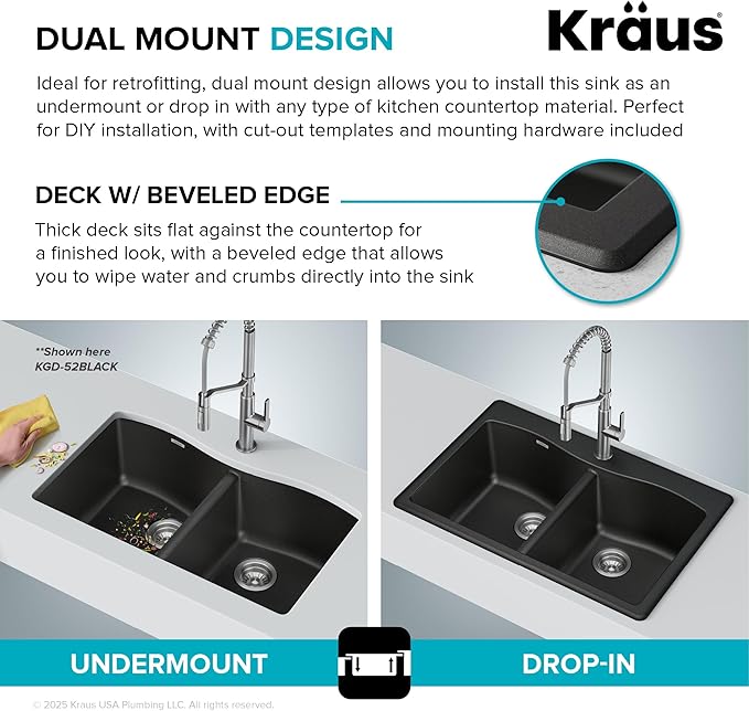KRAUS Forteza 33-inch Granite Drop In/Undermount 50/50 Double Bowl White Kitchen Sink, KGD-52WHITE