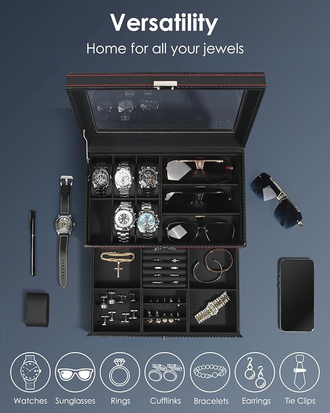 Watch Jewelry Box Organizer, 6-Slot 2-Layer Watch Case and Sunglasses Storage with Large Glass Lid, Men's Jewelry Box with Lock, Watch Holder Display Case, Gift for Men Women