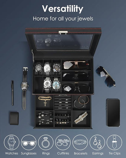 Watch Jewelry Box Organizer, 6-Slot 2-Layer Watch Case and Sunglasses Storage with Large Glass Lid, Men's Jewelry Box with Lock, Watch Holder Display Case, Gift for Men Women