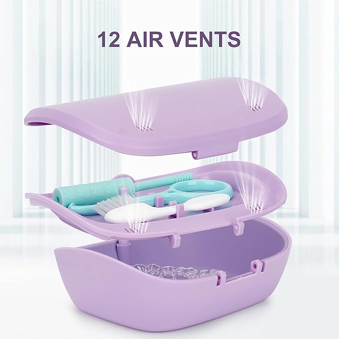 MURRI&MURRDI Retainer Case, Denture Bath Box with Strainer Basket, Mouth Guard Case, Braces Cleaner Cup, Cute Denture Holder Nightguard Storage Soak Container for Travel Cleaning (C Purple)