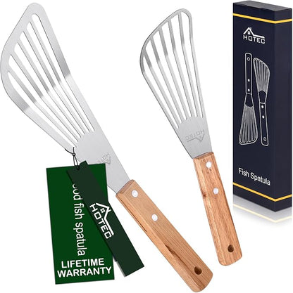 HOTEC 2pcs Stainless Steel Wooden Handle Fish Spatula, Metal Spatula Flipping by Hotec