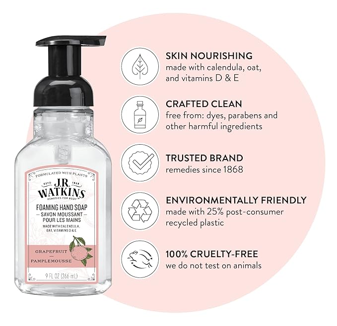 J.R. Watkins Foaming Hand Soap Pump with Dispenser, Moisturizing All Natural Hand Soap Foam, Alcohol-Free, Cruelty-Free, USA Made, Use as Kitchen or Bathroom Soap, Grapefruit, 9 fl oz, 6 Pack