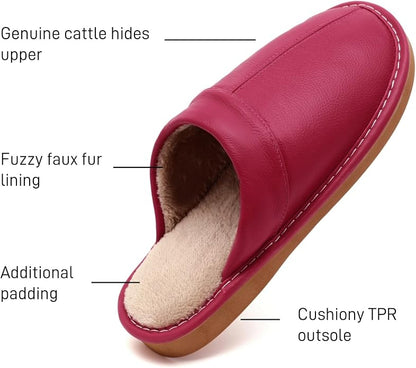 Slippers for Women Men, Genuine Leather Slippers Indoor Outdoor, Fuzzy Bedroom - Image 5