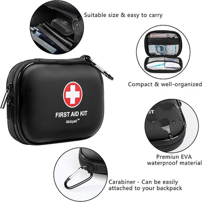 Mini First Aid Kit - 120 Piece Small Waterproof Hard Shell Medical Kit for Car, Home, Office, Travel, Camping, Sports, Outdoor, School - Emergency First Aid Supplies and Survival Kit (Black)