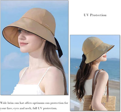 Wide Brim Hats for Woman Foldable Hats Sun Hats for Women uv Protection Bowknot Bucket hat Adjustable hat with Ponytail Hole