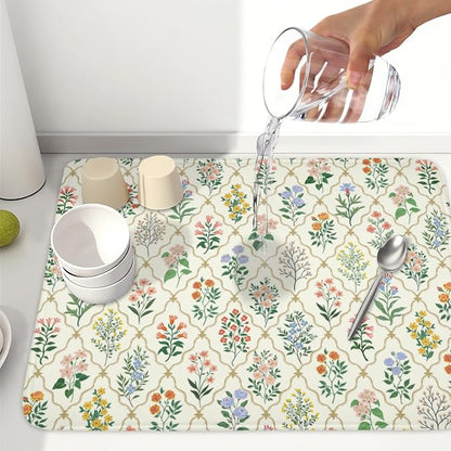 Floral Dish Drying Mat for Kitchen Counter Spring Summer Wild Flowers Diamond - Image 6