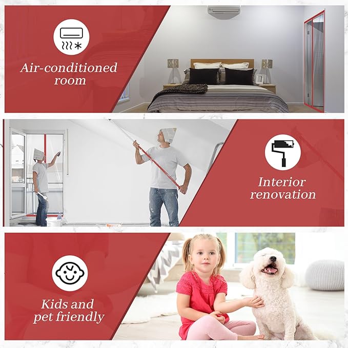 Amylove Zipper 60 x 102 Inch Dust Barrier Kit Red Edged Temporary Construction Door Barrier 5 x 8.5 ft Reusable Plastic Curtain Cover Containment Doorway Wall Screen Sheeting for Bathroom Hallway