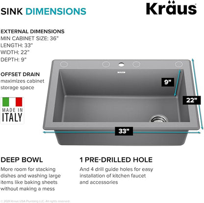 KRAUS Forteza 33-inch Drop In/Undermount Single Bowl Granite Kitchen Sink in Grey, KGD-54GREY