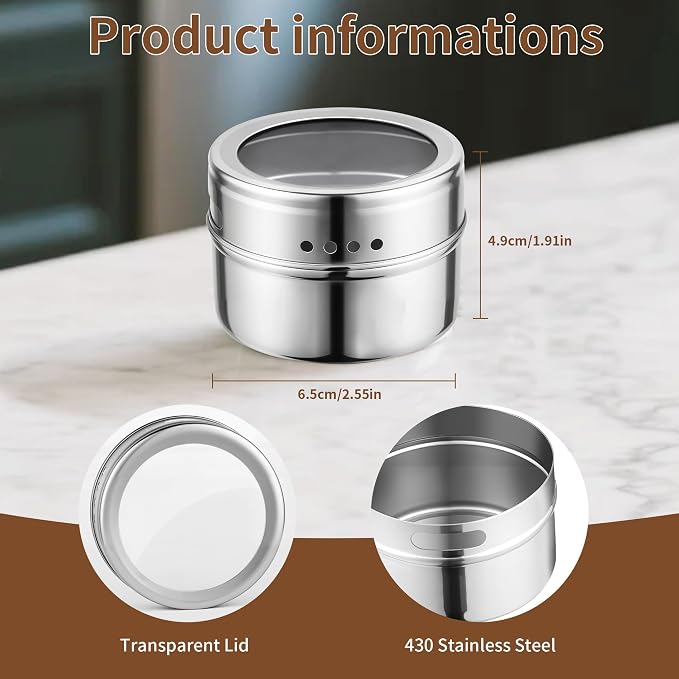 12pcs Stainless Steel Spice Jars, Magnetic Condiment Tins Magnetic Spice Jar - Image 3
