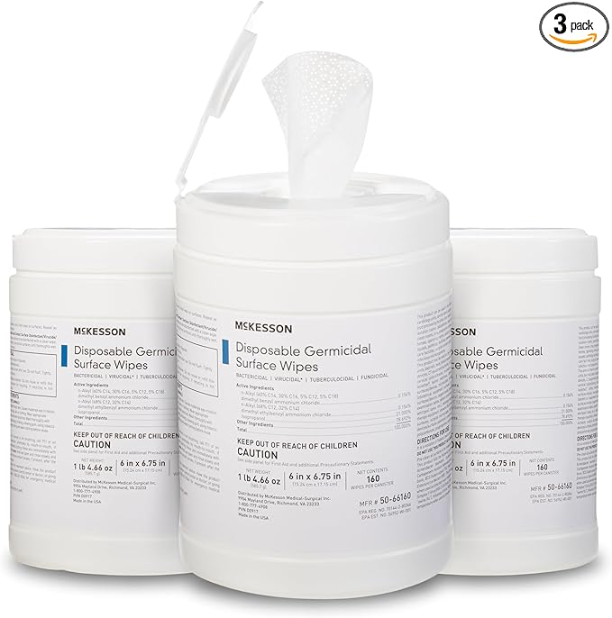 McKesson Germicidal Wipes [480 Count] Disinfecting Wipes, Alcohol Cleaning Disinfectant Wipes, Hospital Grade Multi-Surface Wipes, 160 Wipes, 3 Pack