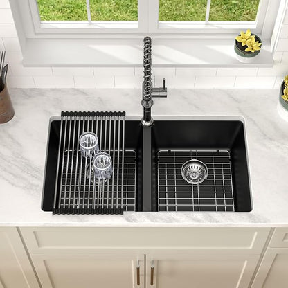 Dcolora 33 inch Quartz Matte Black Granite Composite Double Bowl Undermount Kitchen Sink Basin Deep 50/50 Split, DC-GU7761