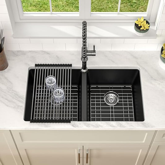 Dcolora 33 inch Quartz Matte Black Granite Composite Double Bowl Undermount Kitchen Sink Basin Deep 50/50 Split, DC-GU7761