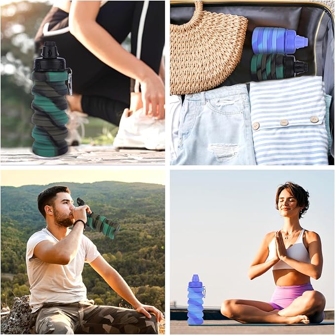 Collapsible Water Bottle for Adults, Boys, Students, Kids, Reusable Silicone Foldable Water Bottles for Travel Camping Hiking Sports,Leak-Proof Portable Sports Water Bottle (Camouflage & Purple)