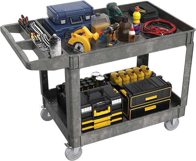 Heavy Duty Rolling Utility Cart with Wheels 2-Tier Utility Plastic Service Work Cart for Shop, Garage, Warehouse, Maintenance 550 lbs