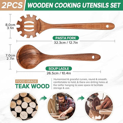 Wooden Spoons for Cooking, Teak Wood Soup Ladle&Slotted Pasta Fork Strainer - Image 2