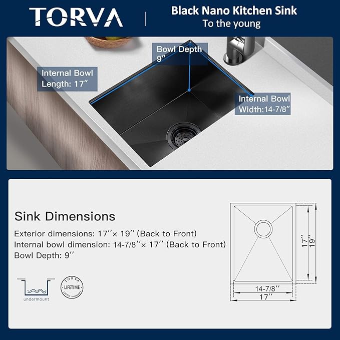 TORVA 17-Inch Gloss Black Ceramic Coating with NanoTek Undermount Kitchen Sink, PVD Coated Gunmetal Sink,16 Gauge Stainless Steel Single Bowl - 17 x 19 x 9 Inch Deep Bar/Prep Basin, Dark Gray