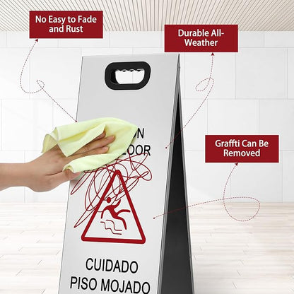 2 Pcs 24 Inch Stainless Steel Wet Floor Sign, Heavy Duty Caution Wet Floor Sign - Image 3