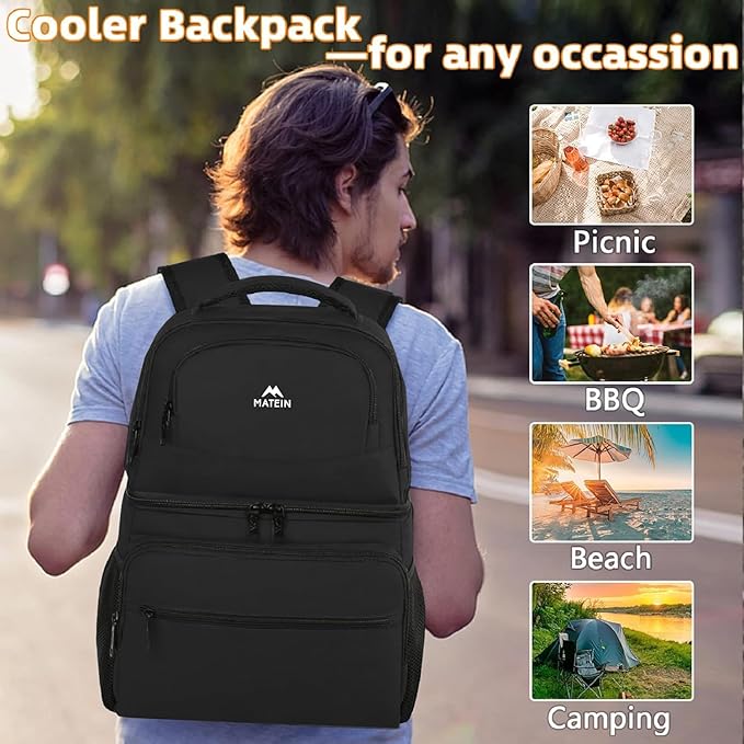 MATEIN Cooler Backpack, 26 Cans Insulated Lunch Backpack for Men Women, Leakproof Double Layer Lunch Cooler Bag Lightweight Soft Lunch Backpack with Cooler Compartment, Beach Camping Hiking Beer Gifts